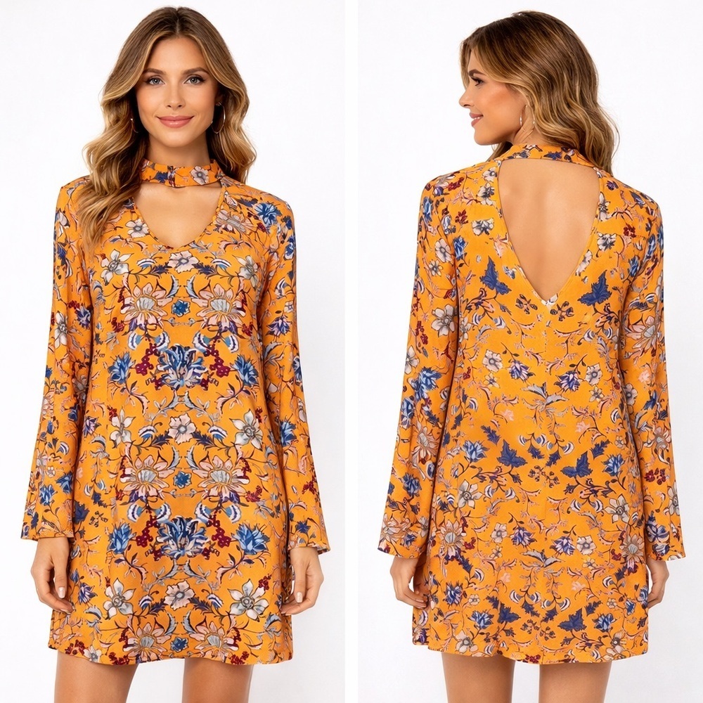 Xhilaration Floral Choker Neck Bell Sleeve Dress